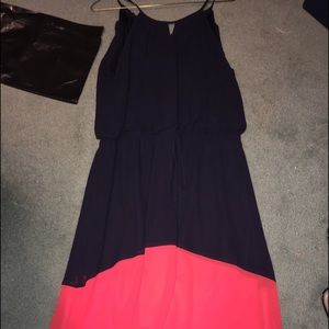 Navy blue and coral high/low dress